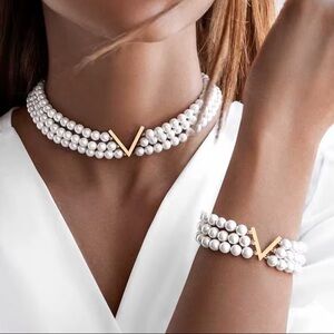 Elegant Layered Pearl Jewelry Set Multi Strand Necklace & Bracelet Gift for Her